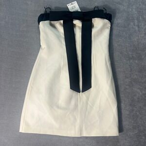 Zara Womens Strapless Bow Mini Dress Medium Oyster White Satin Trim Cocktail-NWT